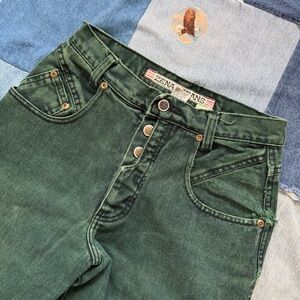 zena jeans green vintage utility button unique western asymmetrical denim pants
